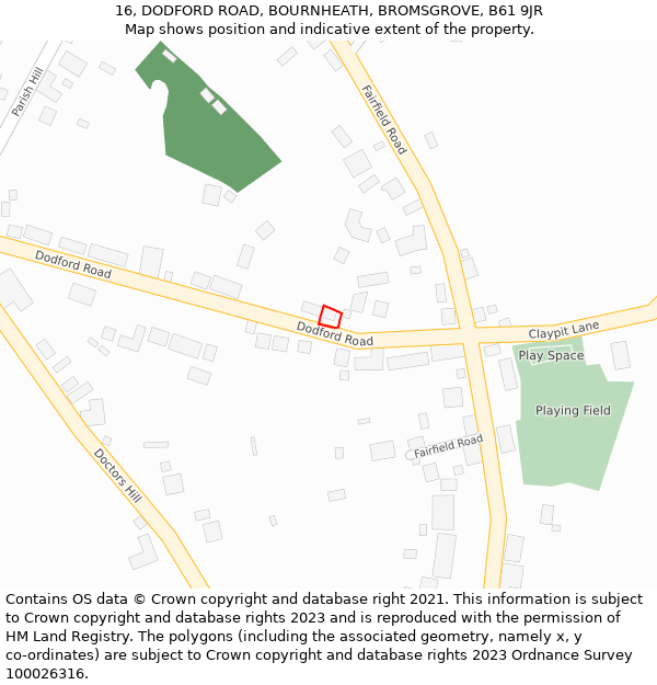 16, DODFORD ROAD, BOURNHEATH, BROMSGROVE, B61 9JR: Location map and indicative extent of plot