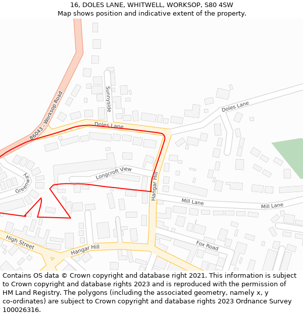 16, DOLES LANE, WHITWELL, WORKSOP, S80 4SW: Location map and indicative extent of plot