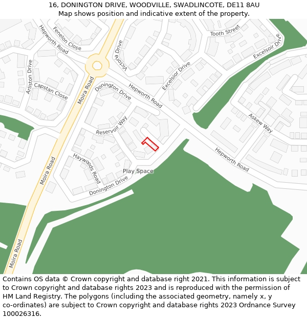 16, DONINGTON DRIVE, WOODVILLE, SWADLINCOTE, DE11 8AU: Location map and indicative extent of plot