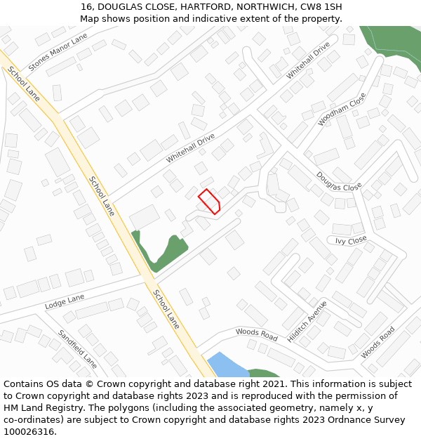 16, DOUGLAS CLOSE, HARTFORD, NORTHWICH, CW8 1SH: Location map and indicative extent of plot