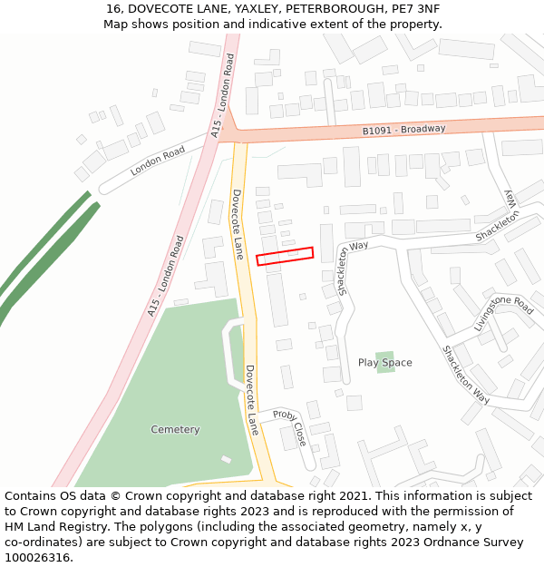 16, DOVECOTE LANE, YAXLEY, PETERBOROUGH, PE7 3NF: Location map and indicative extent of plot