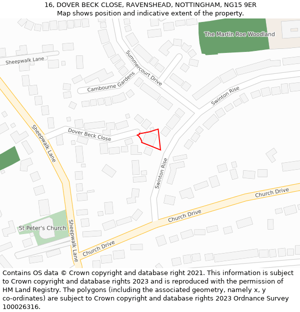 16, DOVER BECK CLOSE, RAVENSHEAD, NOTTINGHAM, NG15 9ER: Location map and indicative extent of plot