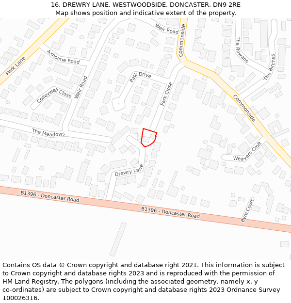 16, DREWRY LANE, WESTWOODSIDE, DONCASTER, DN9 2RE: Location map and indicative extent of plot