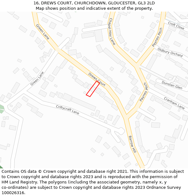 16, DREWS COURT, CHURCHDOWN, GLOUCESTER, GL3 2LD: Location map and indicative extent of plot