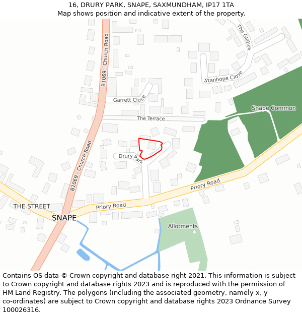 16, DRURY PARK, SNAPE, SAXMUNDHAM, IP17 1TA: Location map and indicative extent of plot