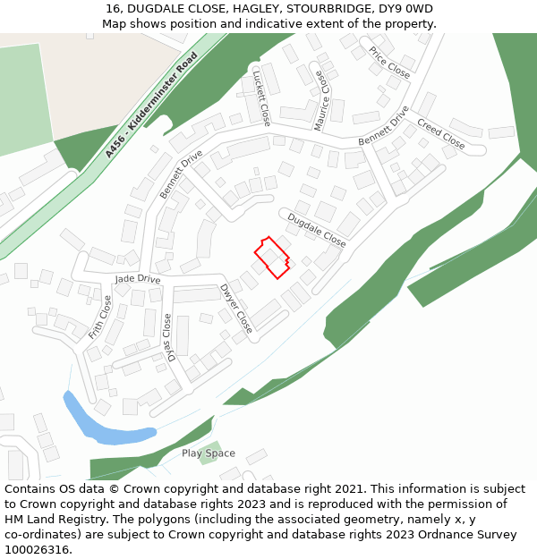 16, DUGDALE CLOSE, HAGLEY, STOURBRIDGE, DY9 0WD: Location map and indicative extent of plot