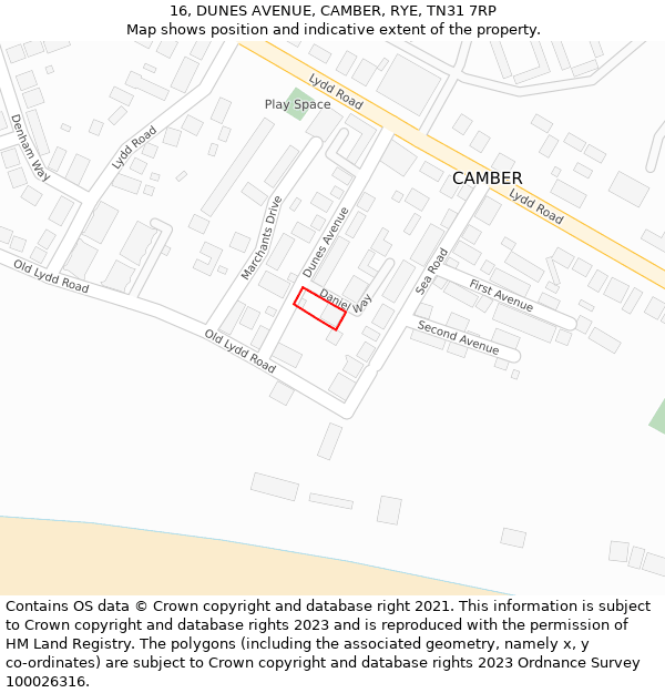 16, DUNES AVENUE, CAMBER, RYE, TN31 7RP: Location map and indicative extent of plot