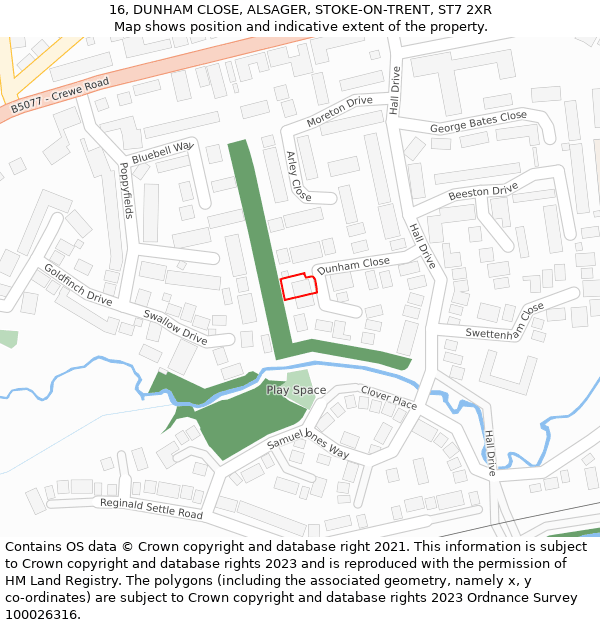 16, DUNHAM CLOSE, ALSAGER, STOKE-ON-TRENT, ST7 2XR: Location map and indicative extent of plot