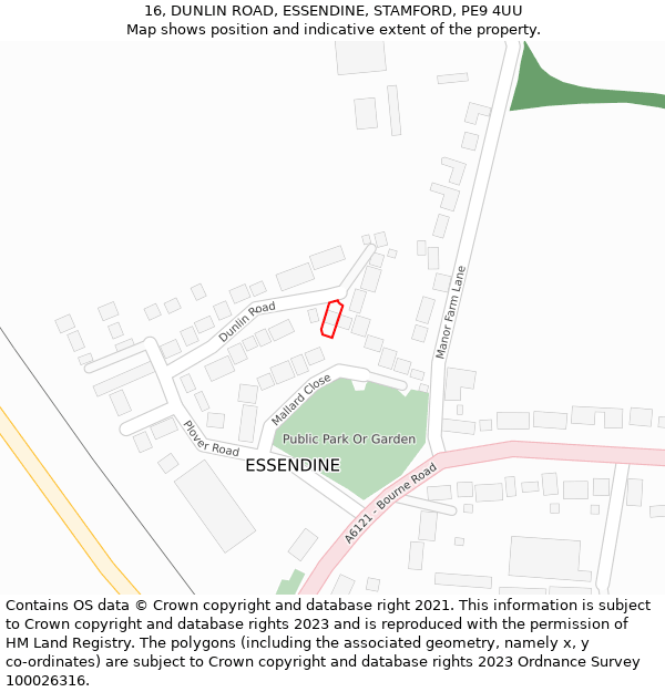 16, DUNLIN ROAD, ESSENDINE, STAMFORD, PE9 4UU: Location map and indicative extent of plot