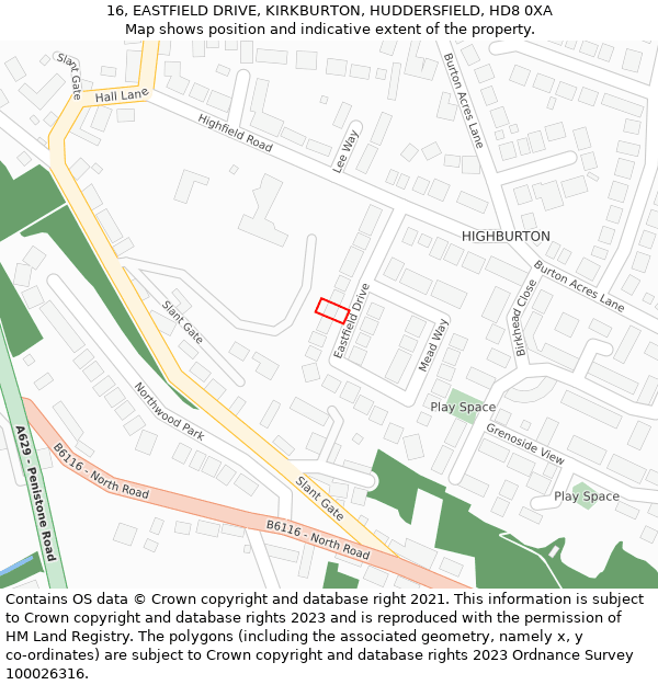 16, EASTFIELD DRIVE, KIRKBURTON, HUDDERSFIELD, HD8 0XA: Location map and indicative extent of plot