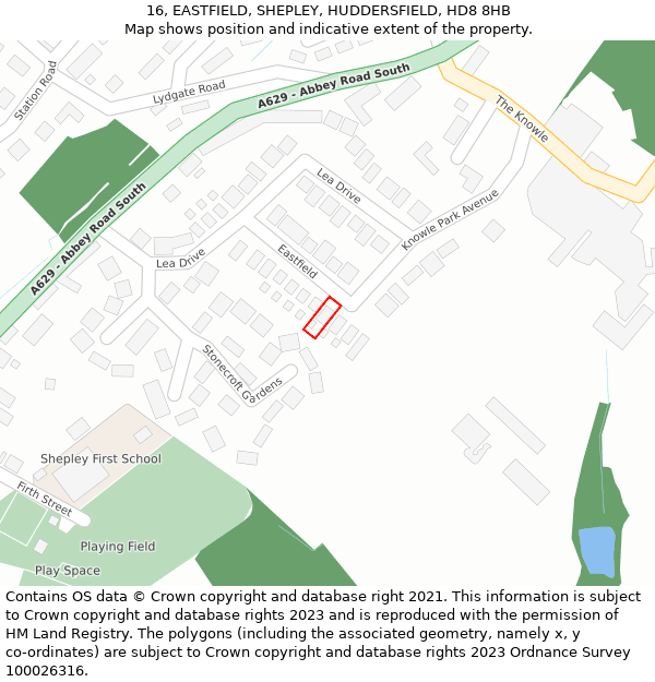 16, EASTFIELD, SHEPLEY, HUDDERSFIELD, HD8 8HB: Location map and indicative extent of plot