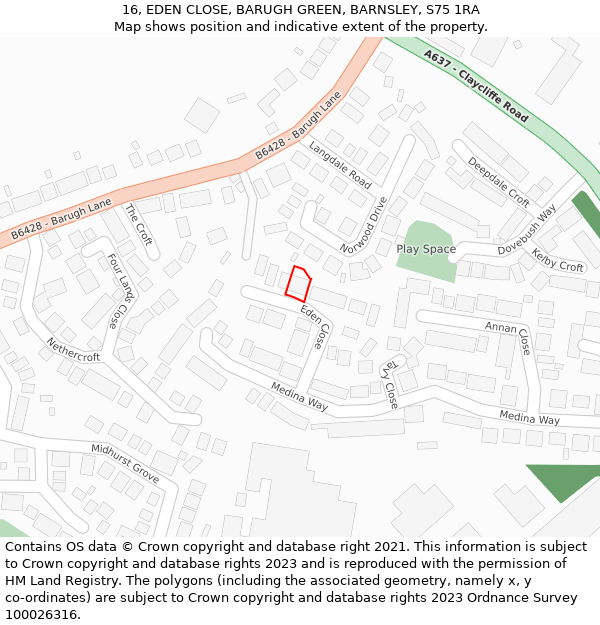 16, EDEN CLOSE, BARUGH GREEN, BARNSLEY, S75 1RA: Location map and indicative extent of plot