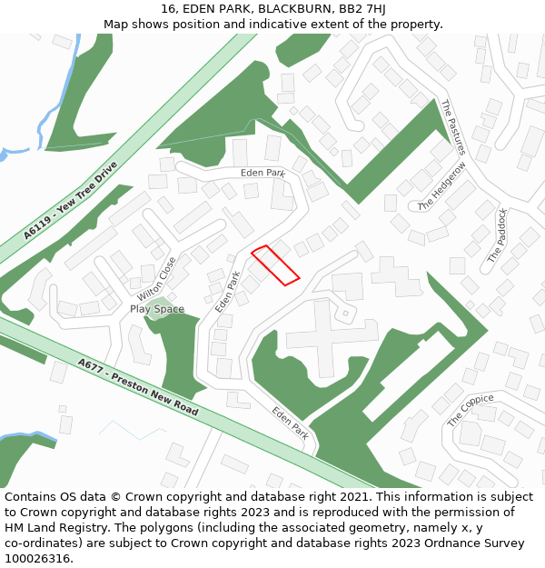 16, EDEN PARK, BLACKBURN, BB2 7HJ: Location map and indicative extent of plot