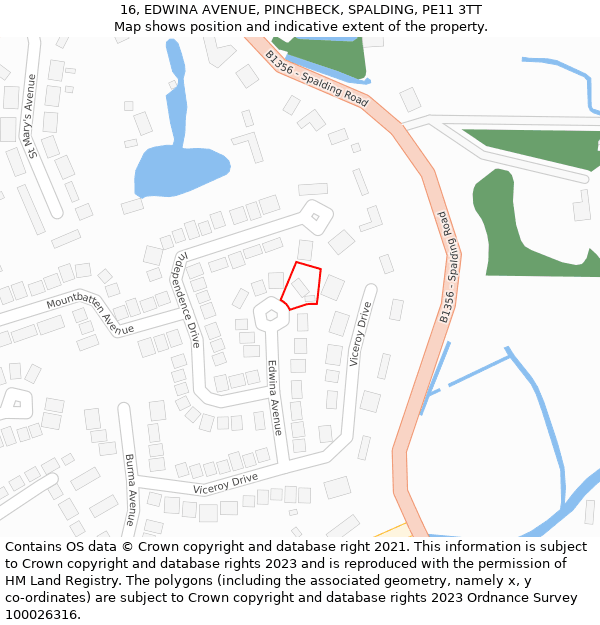 16, EDWINA AVENUE, PINCHBECK, SPALDING, PE11 3TT: Location map and indicative extent of plot