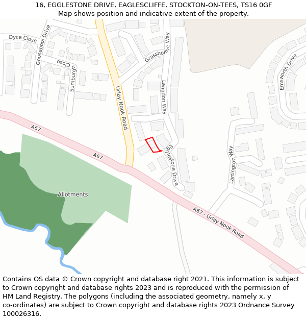 16, EGGLESTONE DRIVE, EAGLESCLIFFE, STOCKTON-ON-TEES, TS16 0GF: Location map and indicative extent of plot