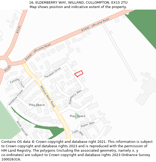 16, ELDERBERRY WAY, WILLAND, CULLOMPTON, EX15 2TU: Location map and indicative extent of plot