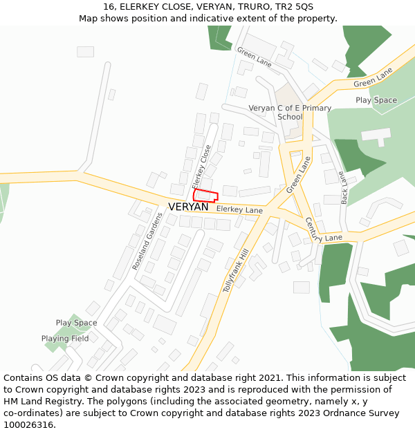 16, ELERKEY CLOSE, VERYAN, TRURO, TR2 5QS: Location map and indicative extent of plot