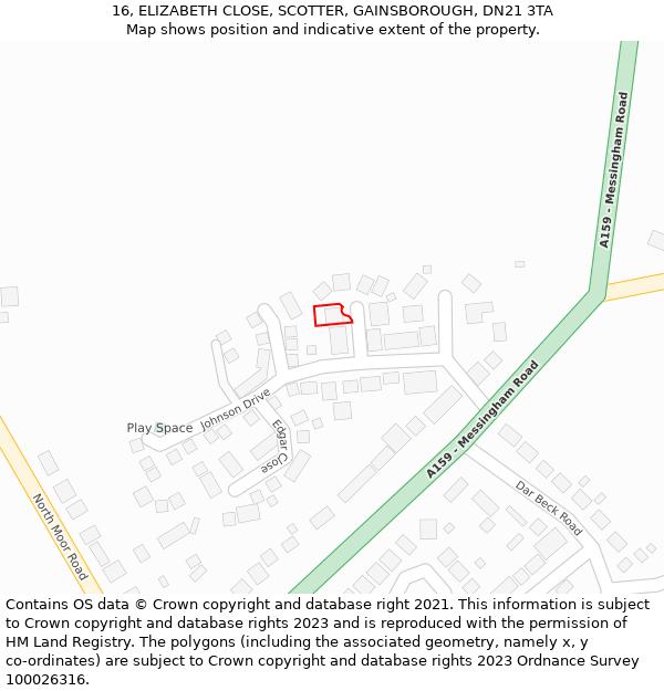 16, ELIZABETH CLOSE, SCOTTER, GAINSBOROUGH, DN21 3TA: Location map and indicative extent of plot