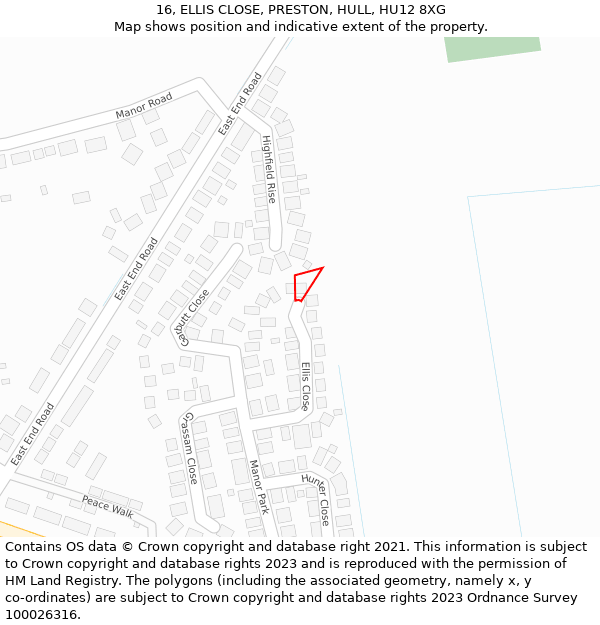 16, ELLIS CLOSE, PRESTON, HULL, HU12 8XG: Location map and indicative extent of plot