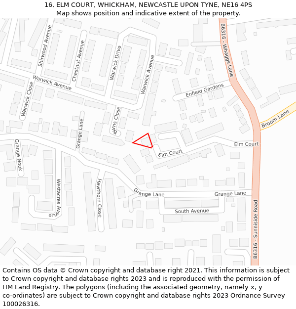 16, ELM COURT, WHICKHAM, NEWCASTLE UPON TYNE, NE16 4PS: Location map and indicative extent of plot