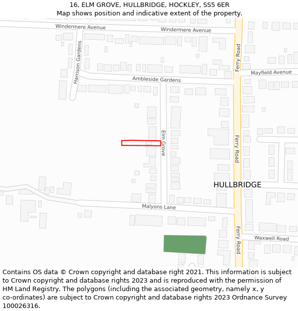 16, ELM GROVE, HULLBRIDGE, HOCKLEY, SS5 6ER: Location map and indicative extent of plot