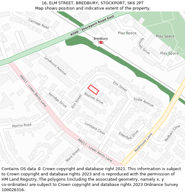 16, ELM STREET, BREDBURY, STOCKPORT, SK6 2PT: Location map and indicative extent of plot