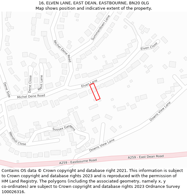 16, ELVEN LANE, EAST DEAN, EASTBOURNE, BN20 0LG: Location map and indicative extent of plot