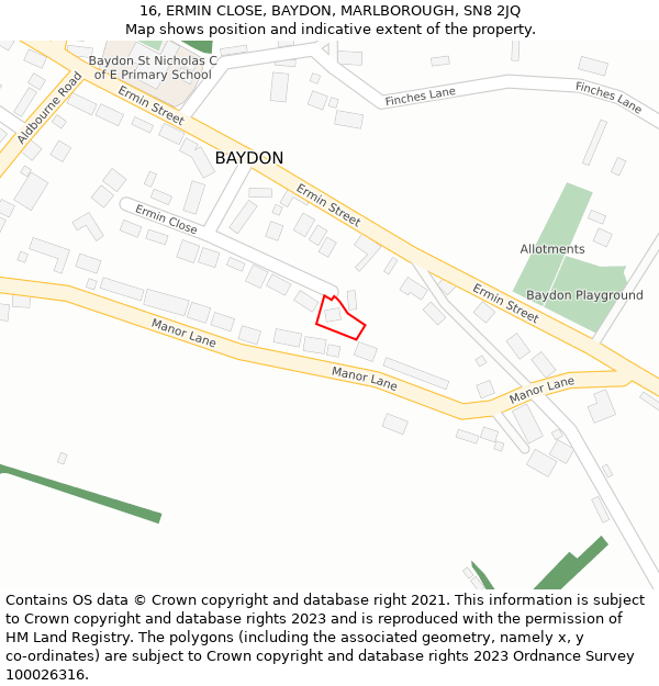 16, ERMIN CLOSE, BAYDON, MARLBOROUGH, SN8 2JQ: Location map and indicative extent of plot