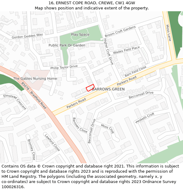 16, ERNEST COPE ROAD, CREWE, CW1 4GW: Location map and indicative extent of plot