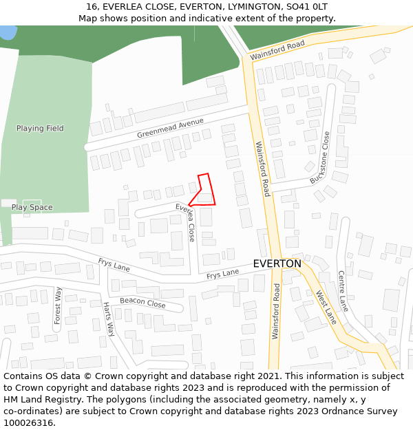 16, EVERLEA CLOSE, EVERTON, LYMINGTON, SO41 0LT: Location map and indicative extent of plot