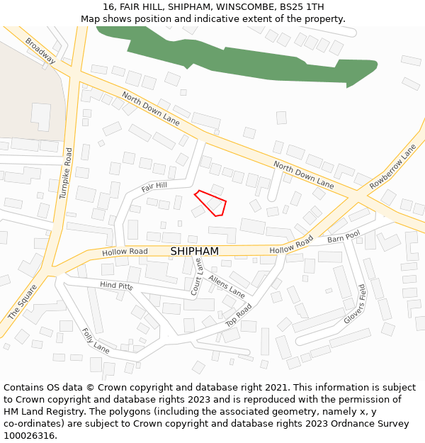 16, FAIR HILL, SHIPHAM, WINSCOMBE, BS25 1TH: Location map and indicative extent of plot