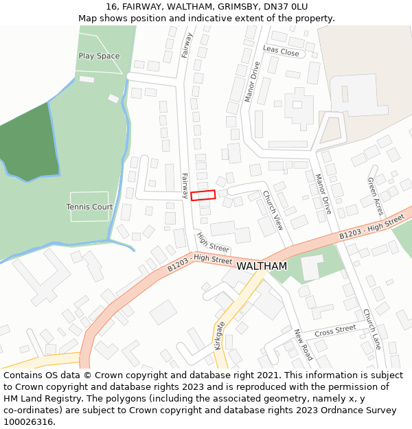 16, FAIRWAY, WALTHAM, GRIMSBY, DN37 0LU: Location map and indicative extent of plot