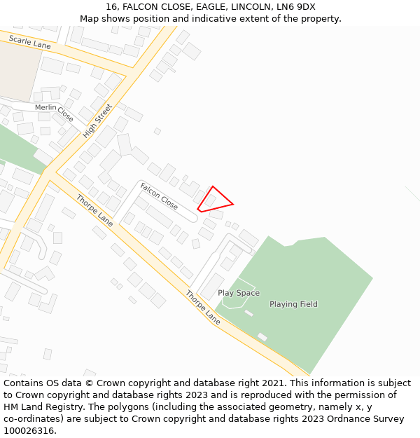 16, FALCON CLOSE, EAGLE, LINCOLN, LN6 9DX: Location map and indicative extent of plot