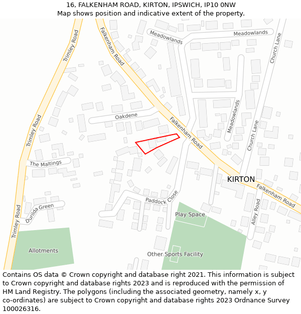 16, FALKENHAM ROAD, KIRTON, IPSWICH, IP10 0NW: Location map and indicative extent of plot