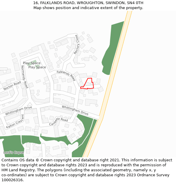 16, FALKLANDS ROAD, WROUGHTON, SWINDON, SN4 0TH: Location map and indicative extent of plot