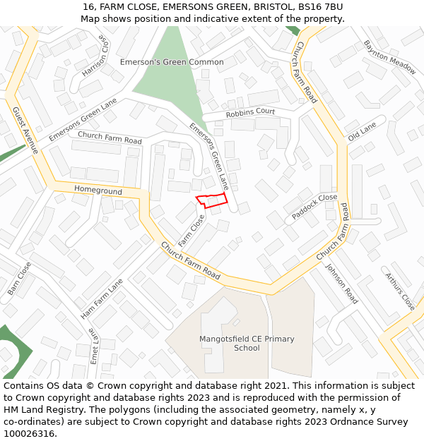 16, FARM CLOSE, EMERSONS GREEN, BRISTOL, BS16 7BU: Location map and indicative extent of plot