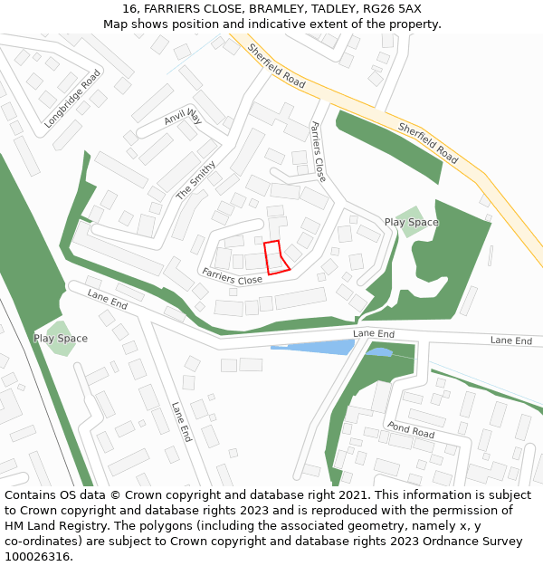 16, FARRIERS CLOSE, BRAMLEY, TADLEY, RG26 5AX: Location map and indicative extent of plot