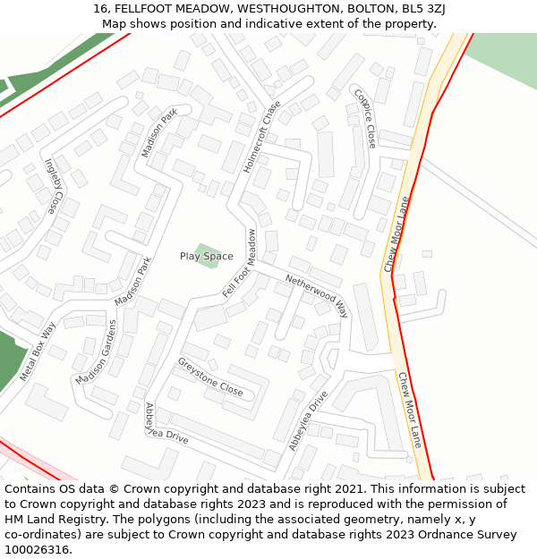 16, FELLFOOT MEADOW, WESTHOUGHTON, BOLTON, BL5 3ZJ: Location map and indicative extent of plot