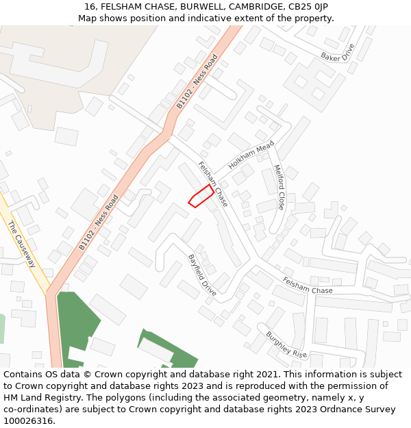 16, FELSHAM CHASE, BURWELL, CAMBRIDGE, CB25 0JP: Location map and indicative extent of plot