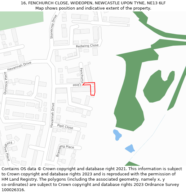 16, FENCHURCH CLOSE, WIDEOPEN, NEWCASTLE UPON TYNE, NE13 6LF: Location map and indicative extent of plot