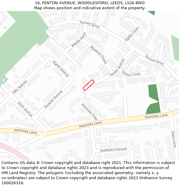 16, FENTON AVENUE, WOODLESFORD, LEEDS, LS26 8WD: Location map and indicative extent of plot