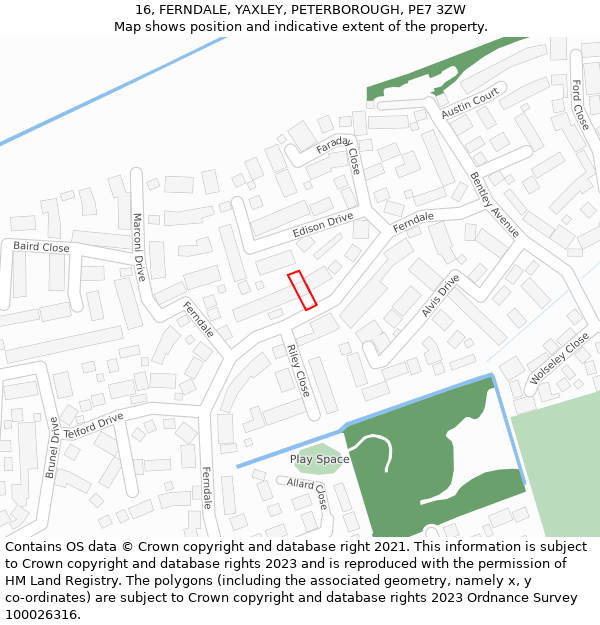 16, FERNDALE, YAXLEY, PETERBOROUGH, PE7 3ZW: Location map and indicative extent of plot