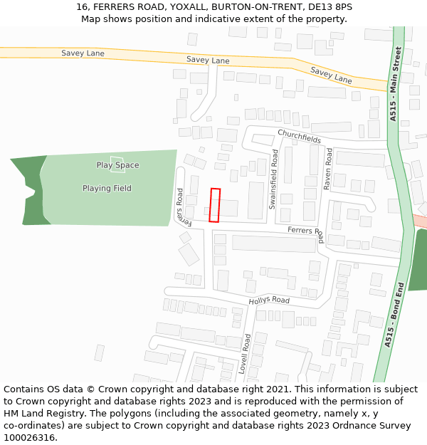 16, FERRERS ROAD, YOXALL, BURTON-ON-TRENT, DE13 8PS: Location map and indicative extent of plot