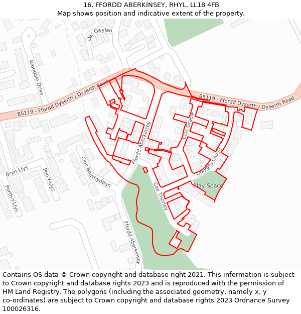 16, FFORDD ABERKINSEY, RHYL, LL18 4FB: Location map and indicative extent of plot