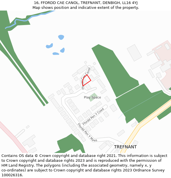 16, FFORDD CAE CANOL, TREFNANT, DENBIGH, LL16 4YJ: Location map and indicative extent of plot