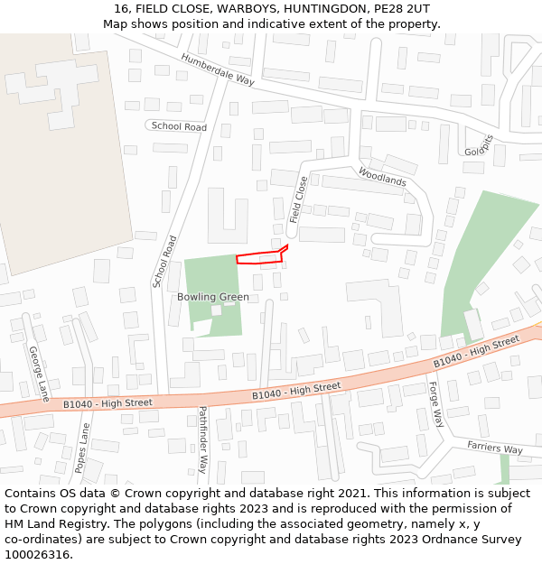 16, FIELD CLOSE, WARBOYS, HUNTINGDON, PE28 2UT: Location map and indicative extent of plot