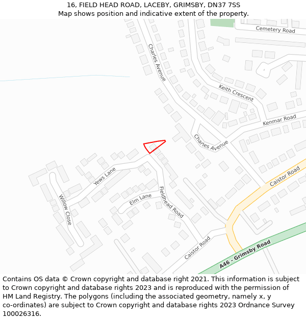 16, FIELD HEAD ROAD, LACEBY, GRIMSBY, DN37 7SS: Location map and indicative extent of plot