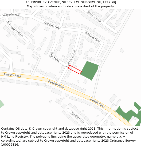 16, FINSBURY AVENUE, SILEBY, LOUGHBOROUGH, LE12 7PJ: Location map and indicative extent of plot