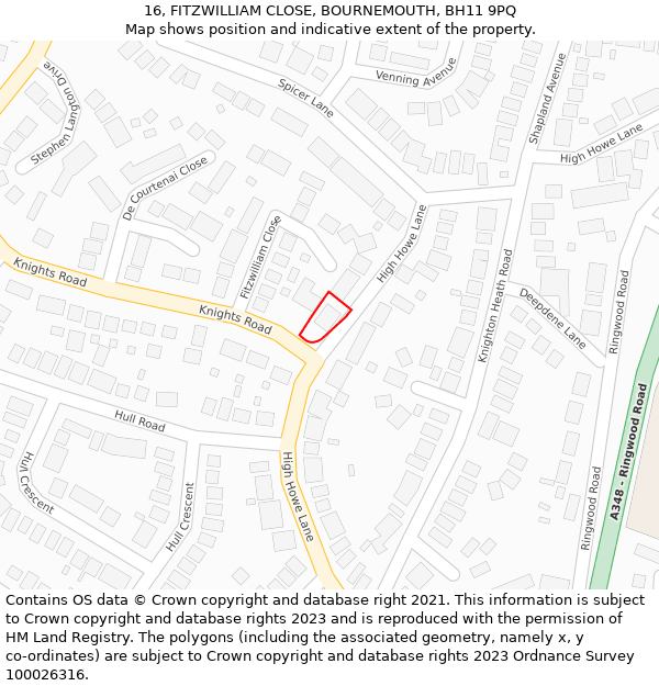 16, FITZWILLIAM CLOSE, BOURNEMOUTH, BH11 9PQ: Location map and indicative extent of plot