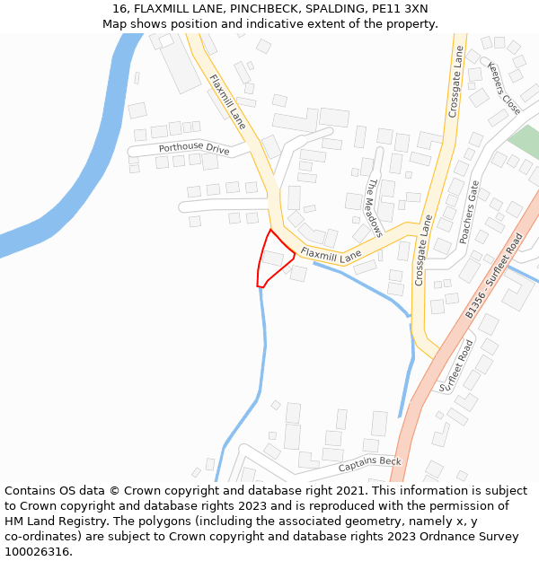 16, FLAXMILL LANE, PINCHBECK, SPALDING, PE11 3XN: Location map and indicative extent of plot